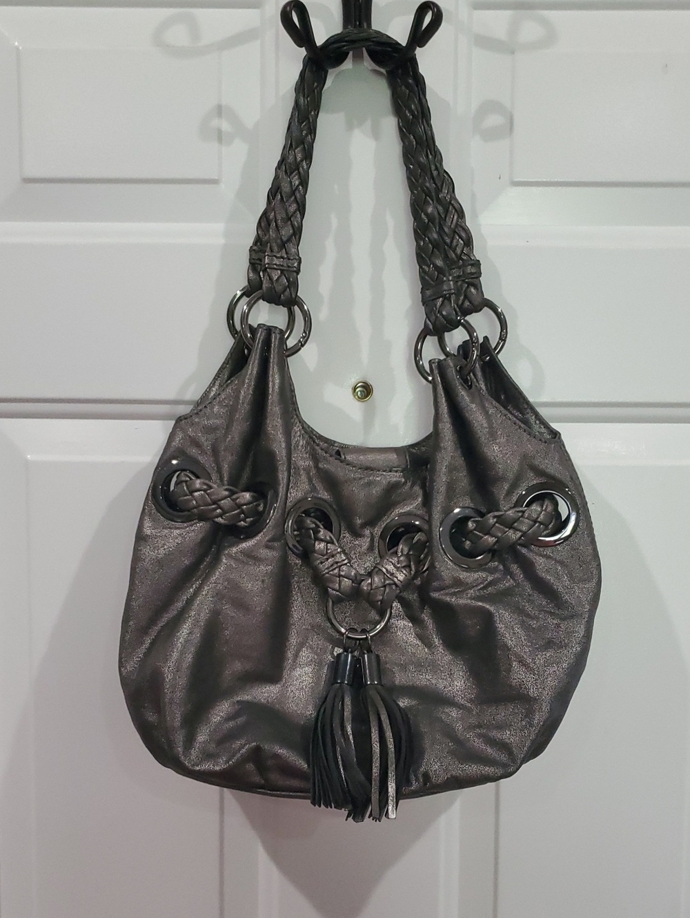 Michael Michael  Kors Gunmetal Braided Handle Shoulder Bag